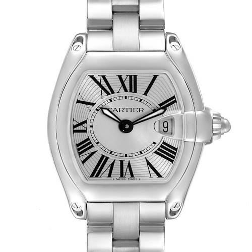 The Cartier Roadster W62016V3 Women's Stainless Steel Silver Dial W62016V3 Women's Stainless Steel Silver Dial watch is shown from a front angle, featuring its dial, Roman numerals, and date window.