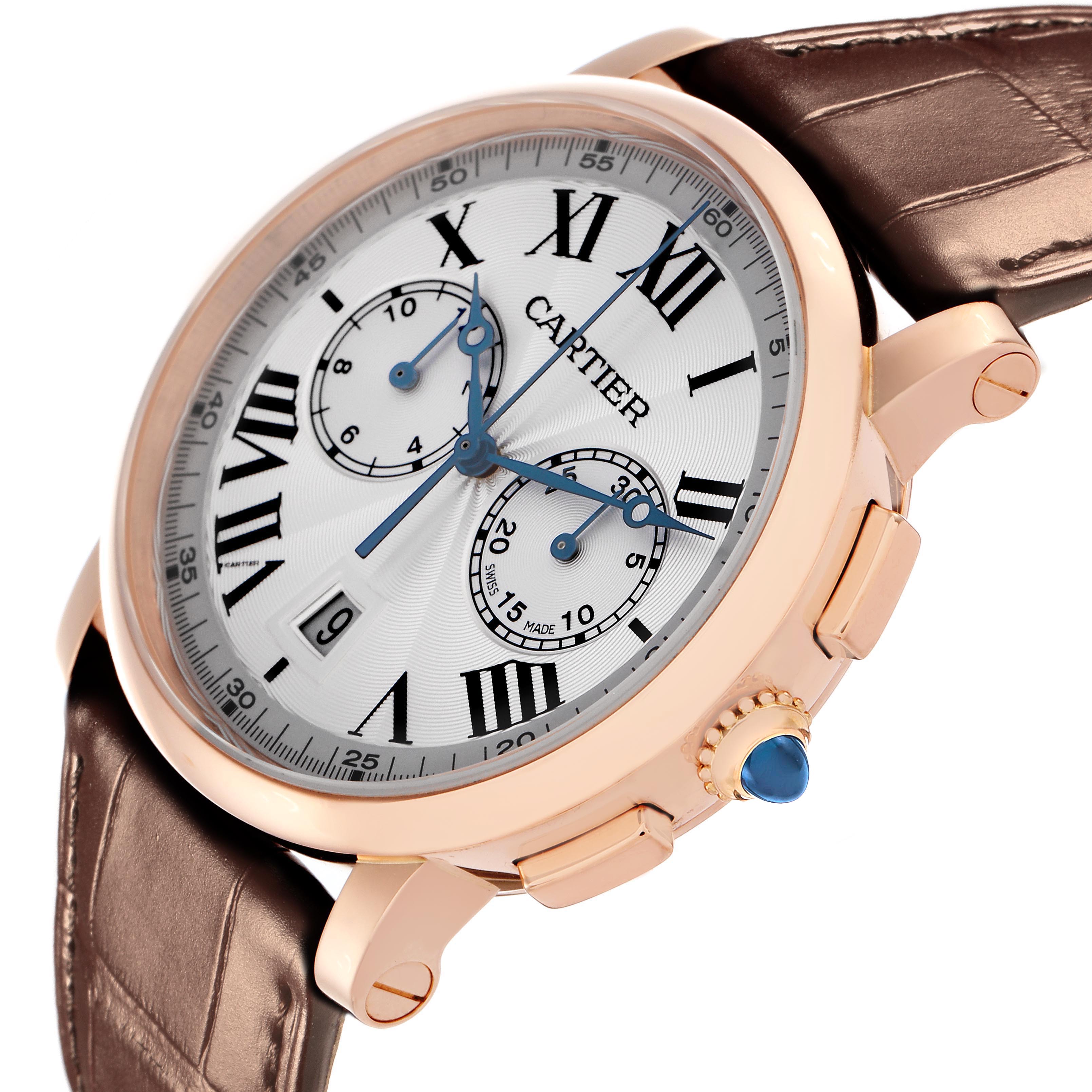 The Cartier Rotonde W1556238 Men's Rose Gold Silver Dial W1556238 Men's Rose Gold Silver Dial watch is shown at an angled view, highlighting the face, case, crown, and brown leather strap.