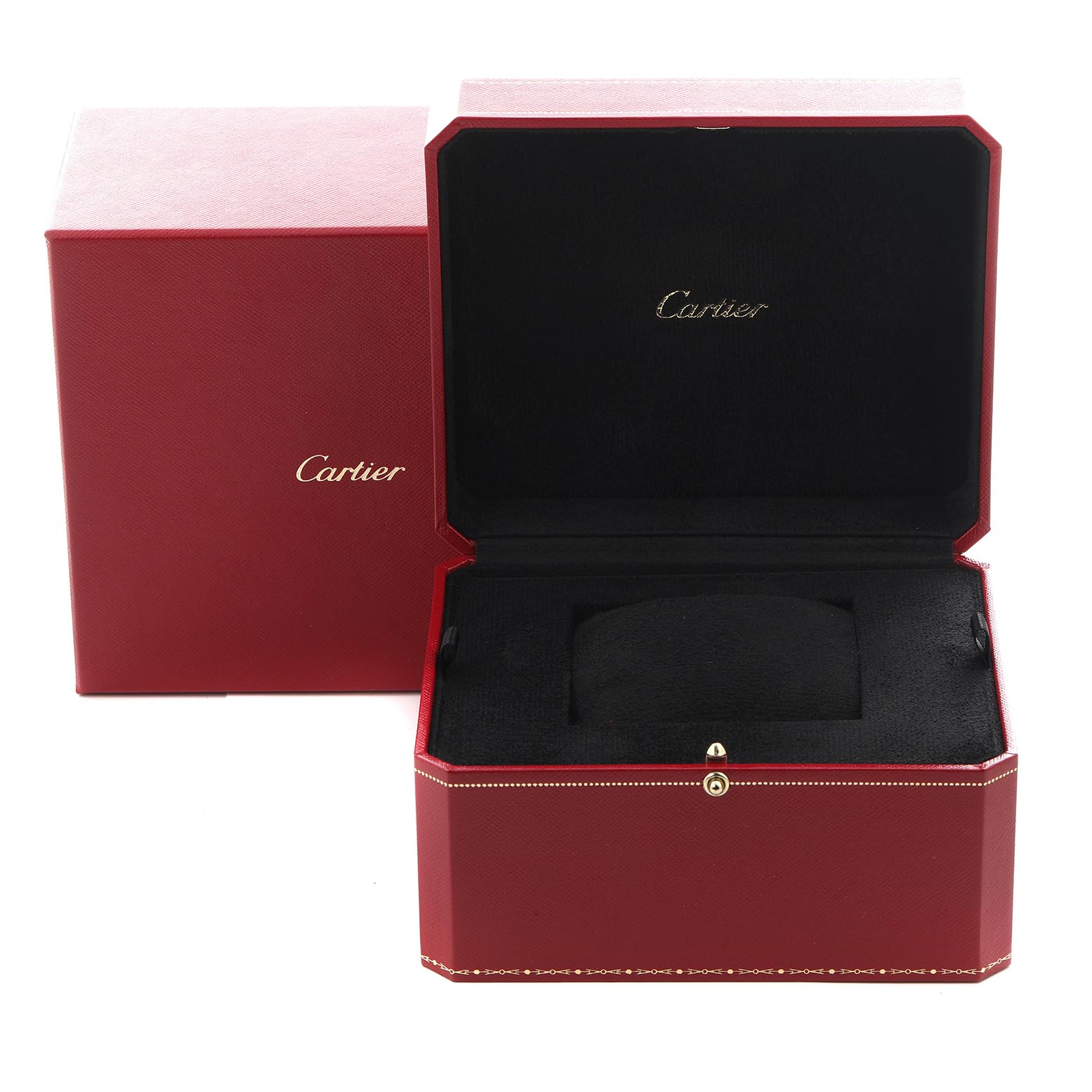 The image shows an open red Cartier watch box for the Rotonde model, displaying the interior cushioning.