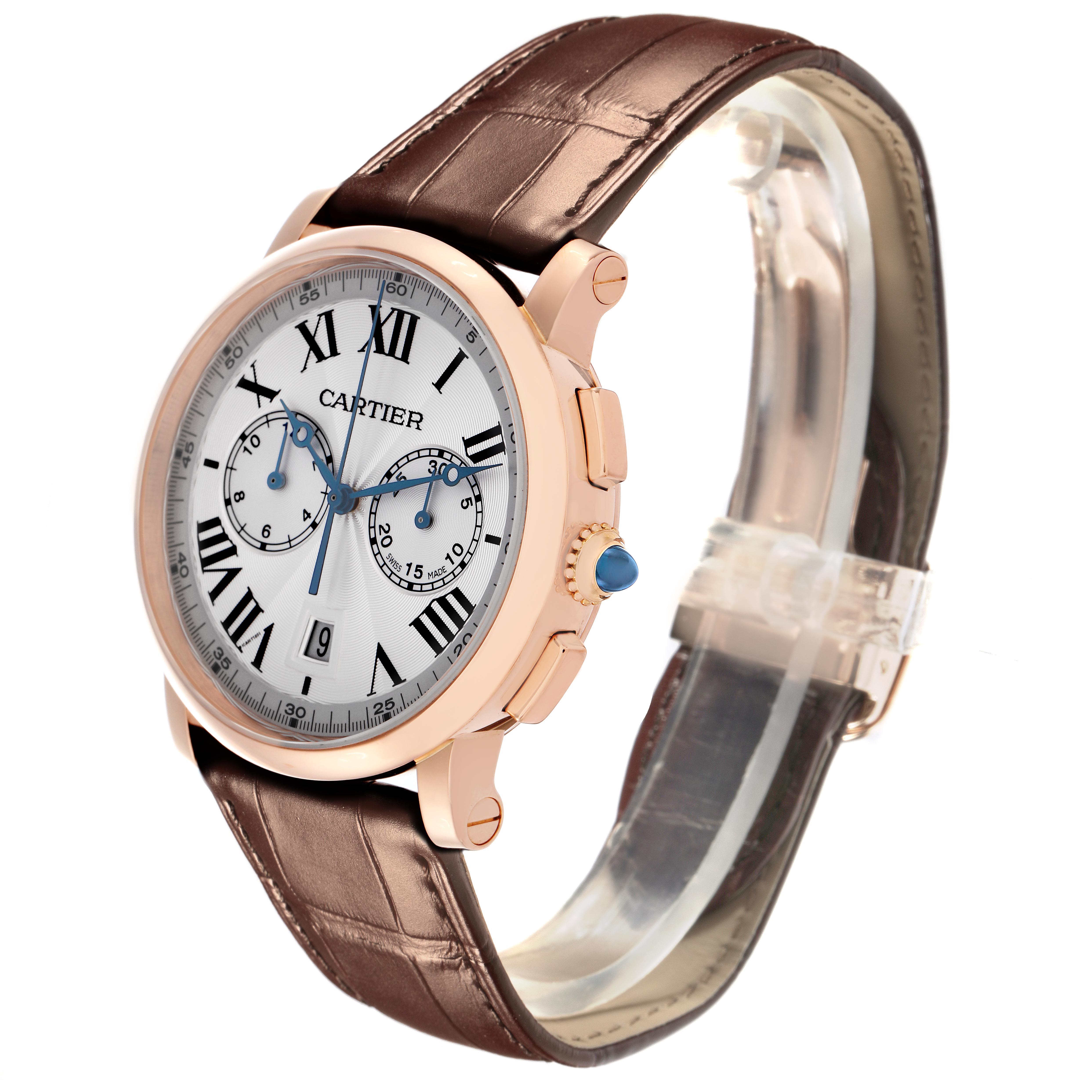 The image shows a Rotonde de Cartier watch at a three-quarter angle, highlighting its face, crown, and leather strap.