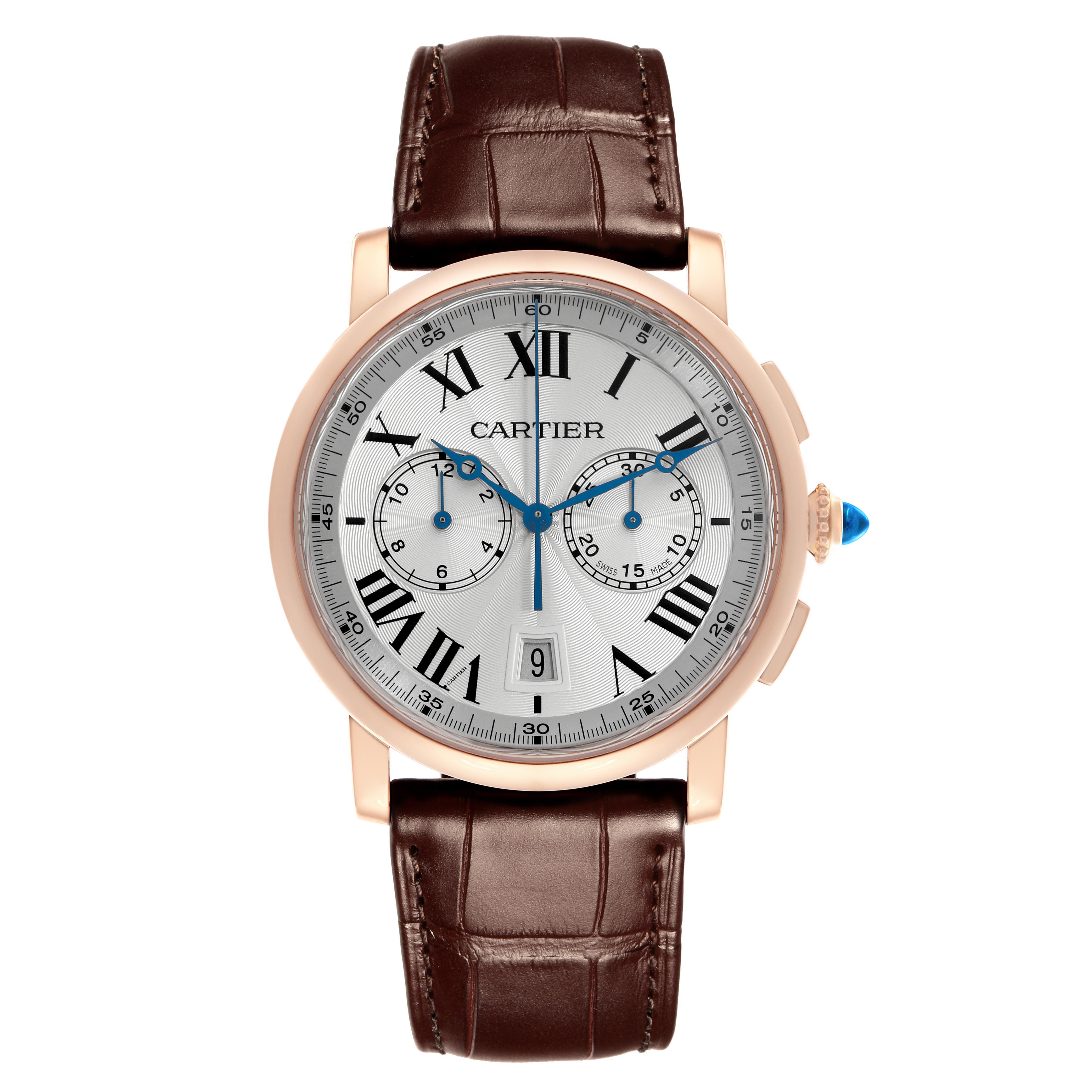 The Cartier Rotonde W1556238 Men's Rose Gold Silver Dial W1556238 Men's Rose Gold Silver Dial watch is shown from the front, displaying its face, dial, and brown leather strap.