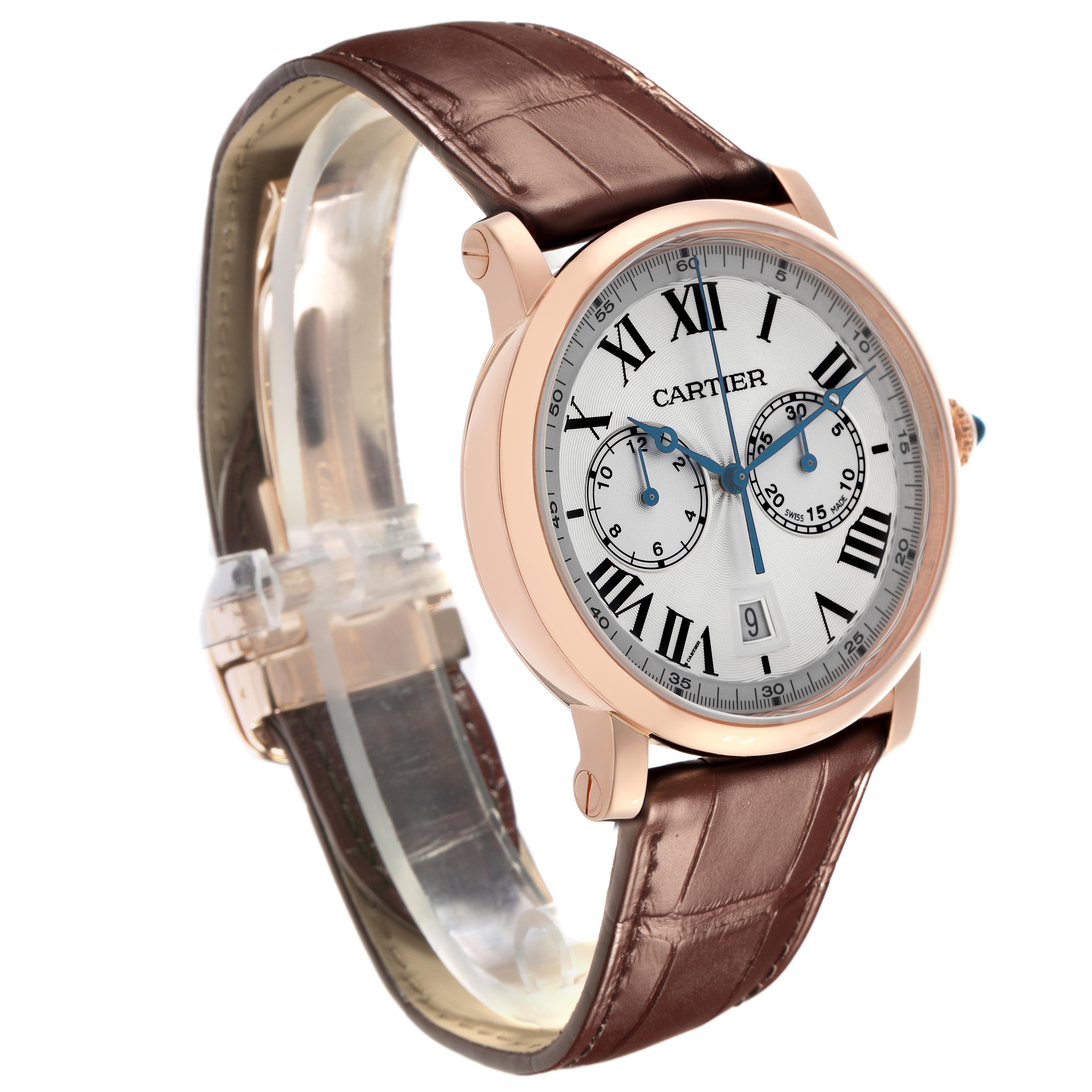 The Cartier Rotonde W1556238 Men's Rose Gold Silver Dial W1556238 Men's Rose Gold Silver Dial watch is shown at a 3/4 angle, featuring the dial, case, and brown leather strap.