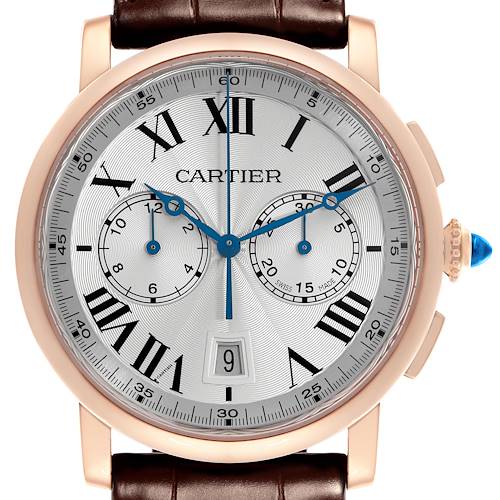 The Cartier Rotonde W1556238 Men's Rose Gold Silver Dial W1556238 Men's Rose Gold Silver Dial watch is shown from a front angle, displaying its face, Roman numerals, subdials, and leather strap.