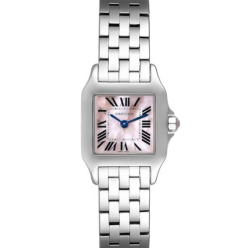 This image shows a frontal view of the Cartier Santos Demoiselle W25075Z5 Women's Stainless Steel Mother of Pearl Dial W25075Z5 Women's Stainless Steel Mother of Pearl Dial watch, highlighting its face, bezel, and bracelet.