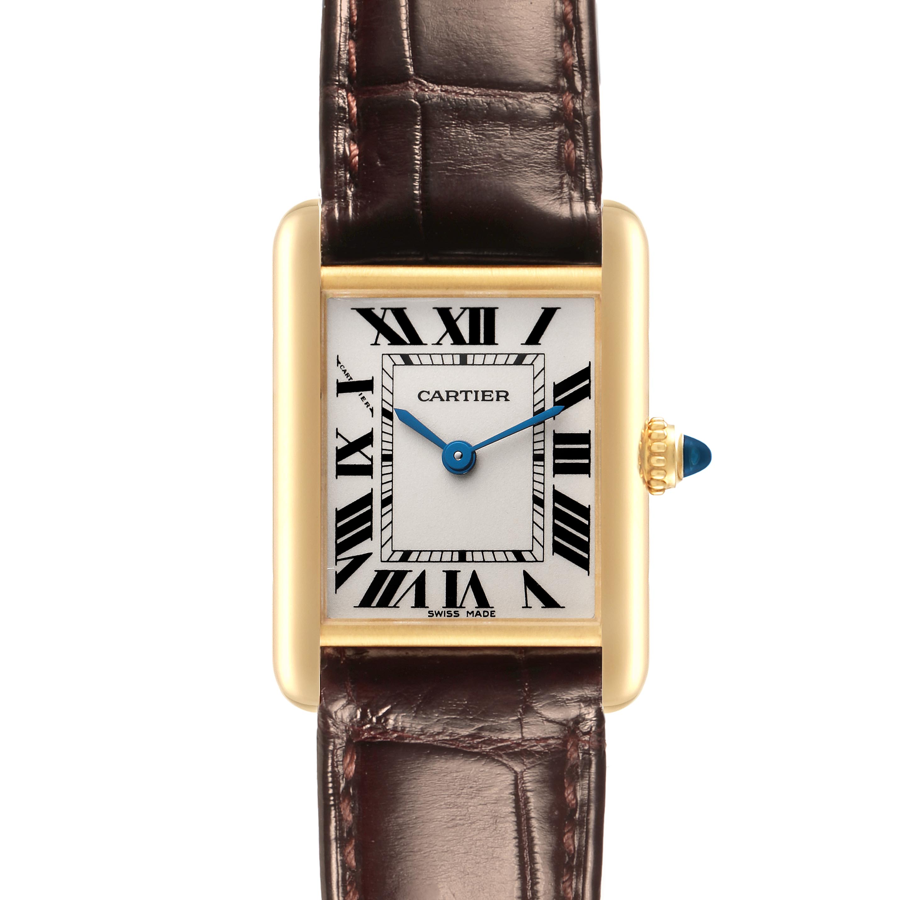 The Cartier Tank Louis W1529856 Women's Yellow Gold Silver Dial W1529856 Women's Yellow Gold Silver Dial watch is shown from the front, featuring its rectangular face, Roman numerals, and leather strap.
