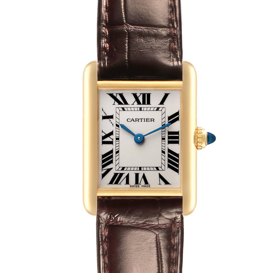 The Cartier Tank Louis W1529856 Women's Yellow Gold Silver Dial W1529856 Women's Yellow Gold Silver Dial watch is shown from the front, featuring its rectangular face, Roman numerals, and leather strap.