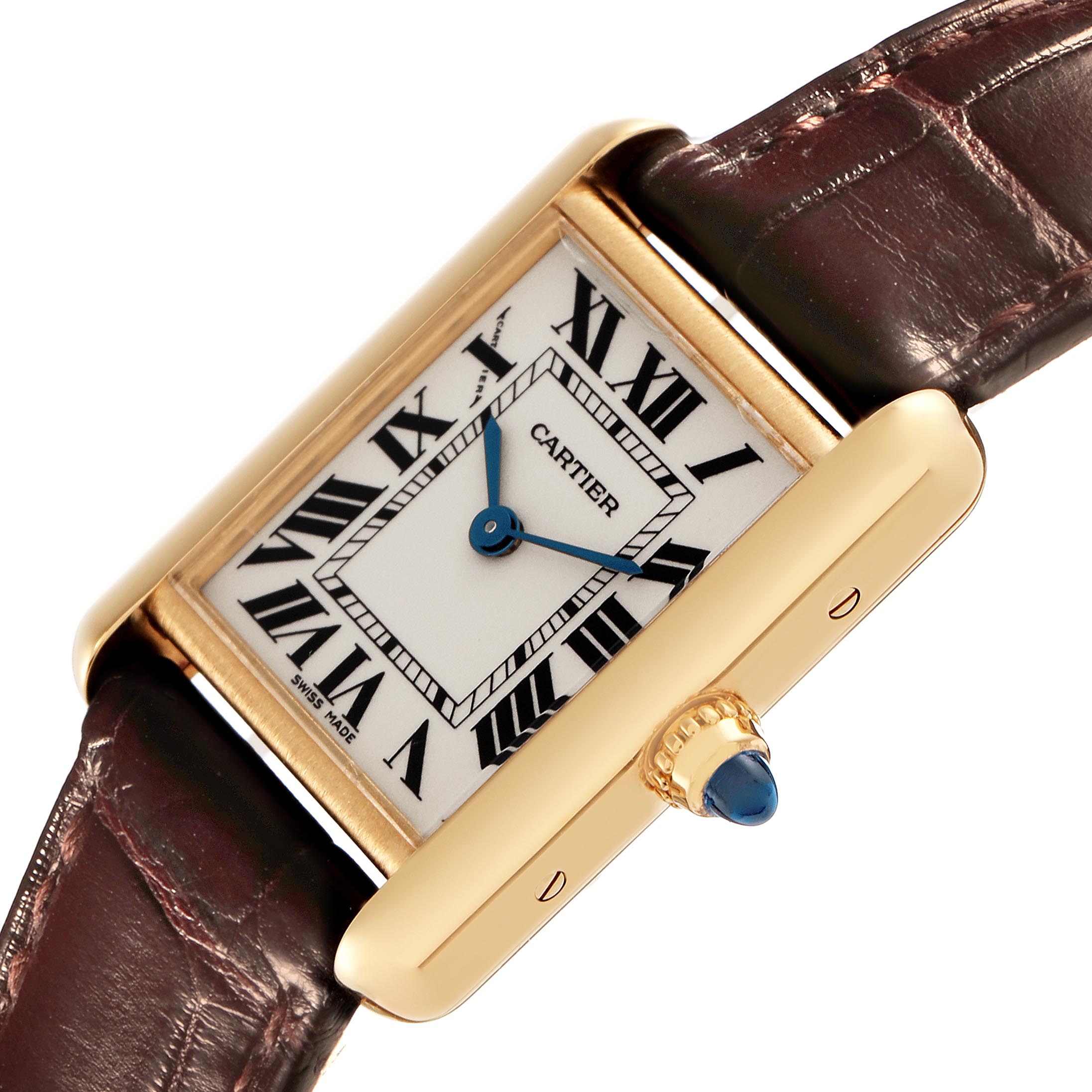 The Cartier Tank Louis W1529856 Women's Yellow Gold Silver Dial W1529856 Women's Yellow Gold Silver Dial watch is shown at an angled side view, displaying the dial, gold case, crown, and leather strap.