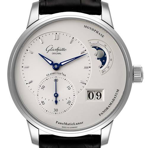 The image shows a front view of the Glashütte Original PanoMaticLunar watch, displaying its face, moon phase, date, and black leather strap.