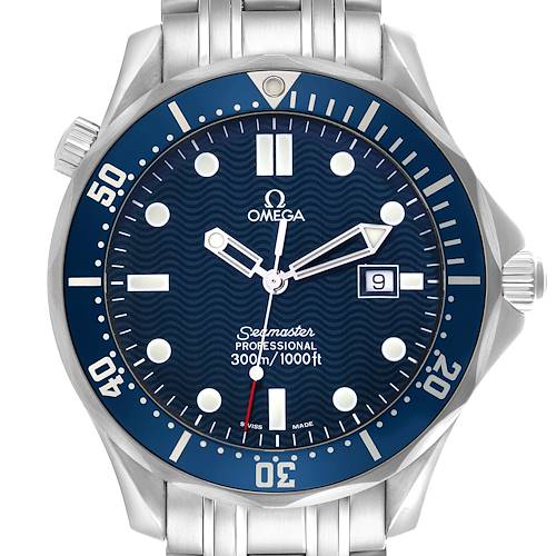 The Omega Seamaster 2541.80.00 Men's Stainless Steel Blue Dial 2541.80.00 Men's Stainless Steel Blue Dial is shown from a top view, highlighting the face, bezel, crown, and part of the bracelet.