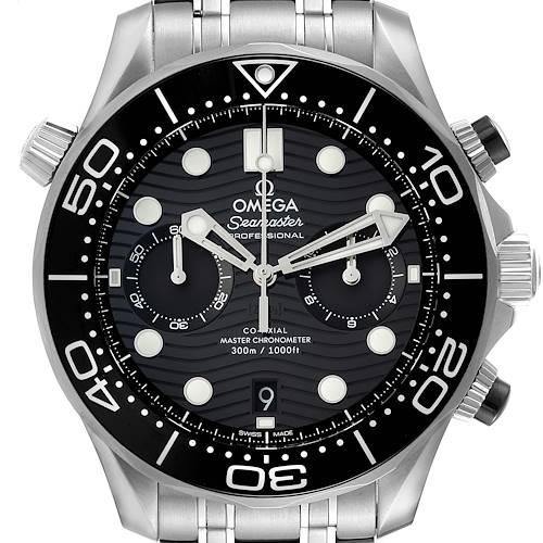 This image displays a front view of the Omega Seamaster 210.30.44.51.01.001 Men's Stainless Steel Black Dial 210.30.44.51.01.001 Men's Stainless Steel Black Dial watch, showcasing its dial, bezel, and stainless steel bracelet.