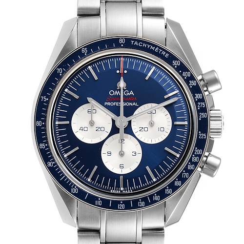 The image shows a frontal view of an Omega Speedmaster 522.30.42.30.03.001 Men's Stainless Steel Blue Dial 522.30.42.30.03.001 Men's Stainless Steel Blue Dial watch, displaying the face, bezel, and chronograph dials.