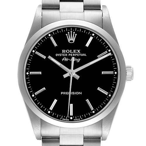The Rolex Air-King 14000 Men's Stainless Steel Black Dial 14000 Men's Stainless Steel Black Dial watch is shown from a front angle, displaying the dial, hands, and partial bracelet.