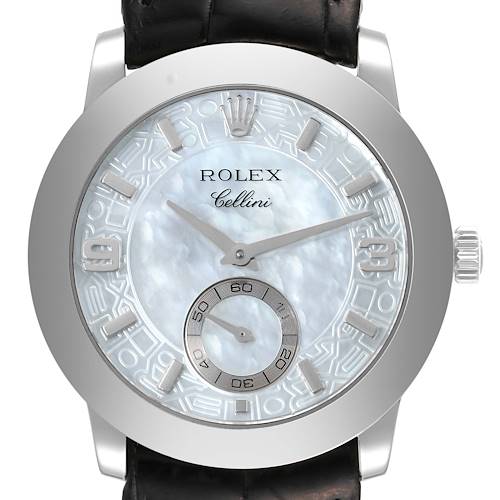 This Rolex Cellini 5240 Men's Platinum Mother of Pearl Dial 5240 Men's Platinum Mother of Pearl Dial watch is shown from the front, highlighting its dial, hands, crown, and part of the leather strap.