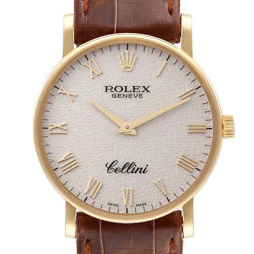 This Rolex Cellini 5115 Men's Yellow Gold Beige Dial 5115 Men's Yellow Gold Beige Dial watch is shown from the front, displaying its face, hands, crown, and leather strap.