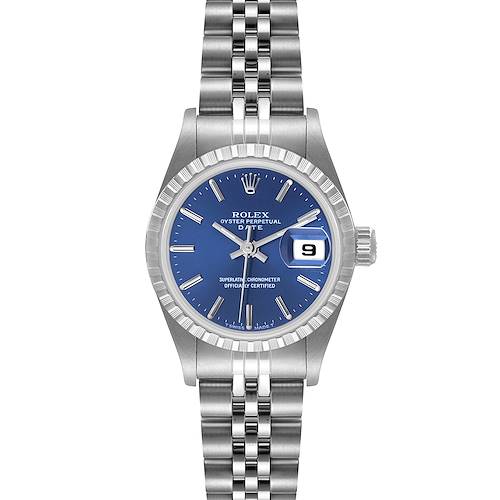 The image shows a Rolex Oyster Perpetual Date watch from a front angle, displaying its blue dial, metal bracelet, and date window.