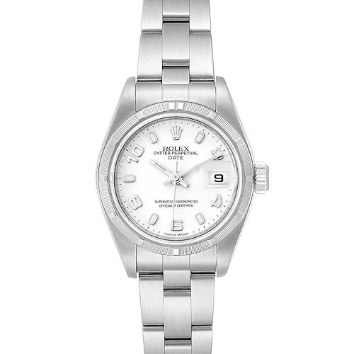 The image shows a front view of a Rolex Oyster Perpetual Date watch with a white dial and stainless steel bracelet.