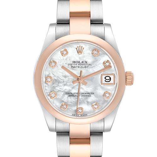 The Rolex Datejust Mid-Size watch is shown from the front, featuring the bezel, dial, hands, date, and bracelet.