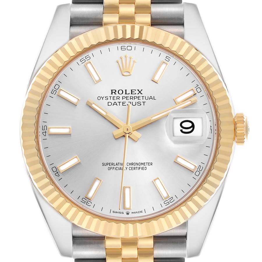 The Rolex Datejust 41 126333 Men's Steel and Gold (two tone) Silver Dial 126333 Men's Steel and Gold (two tone) Silver Dial is shown from a front angle, featuring its gold fluted bezel, silver dial, and partially visible bracelet.