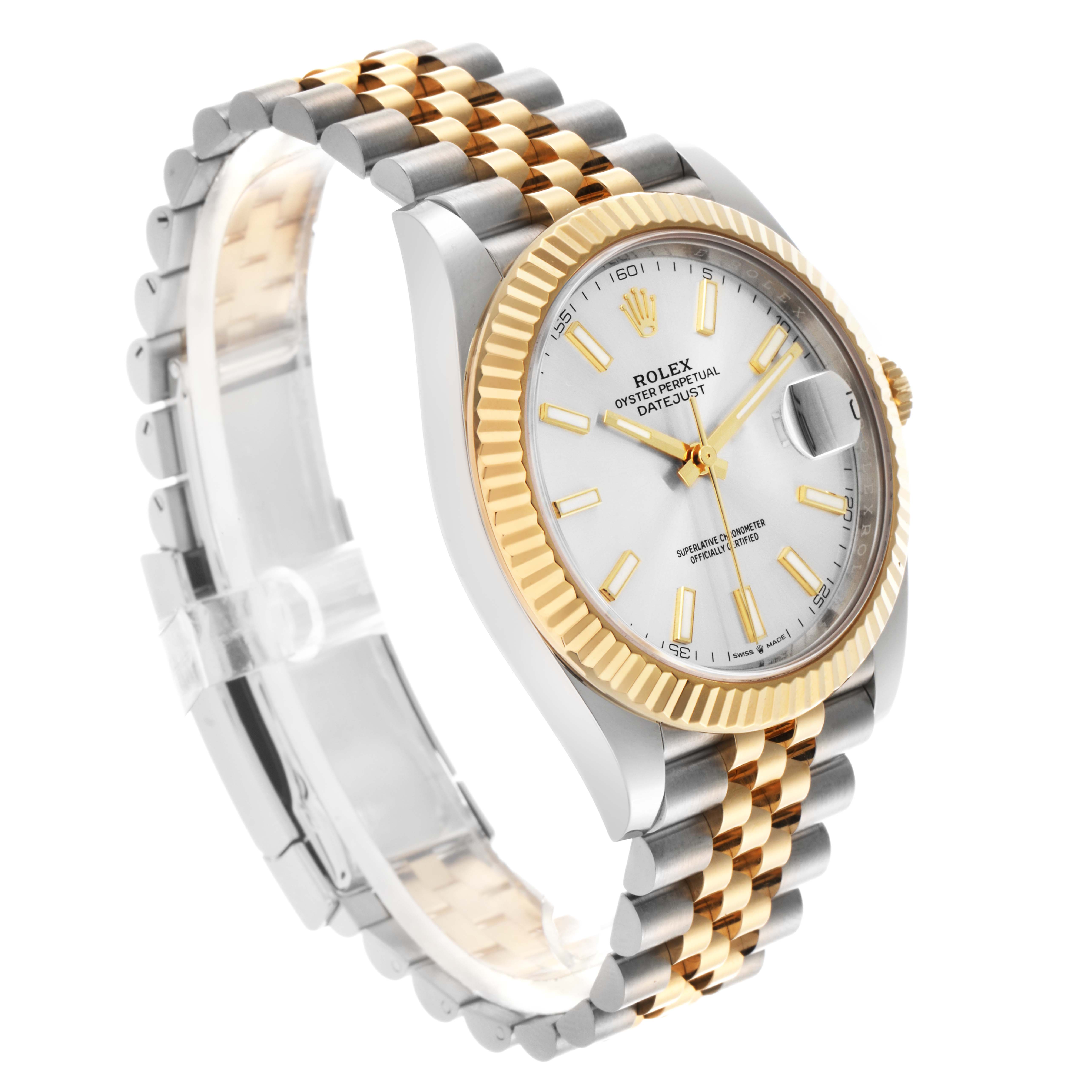 The Rolex Datejust 41 126333 Men's Steel and Gold (two tone) Silver Dial 126333 Men's Steel and Gold (two tone) Silver Dial is shown at a three-quarter angle, displaying the full face, fluted bezel, and two-tone Jubilee bracelet.