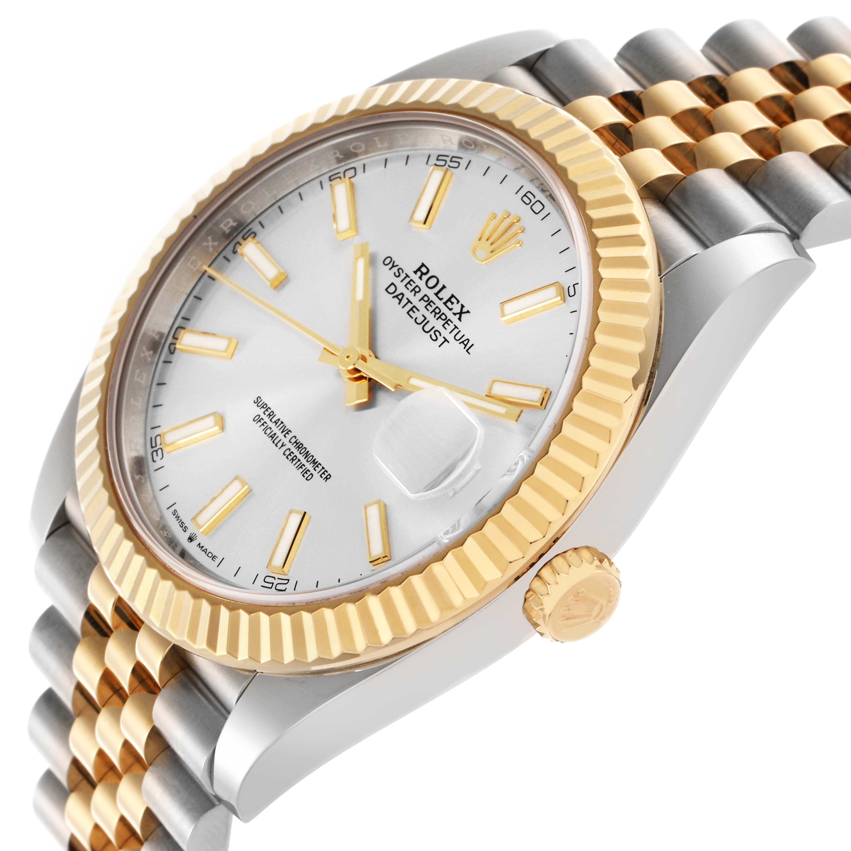 The Rolex Datejust 41 126333 Men's Steel and Gold (two tone) Silver Dial 126333 Men's Steel and Gold (two tone) Silver Dial is shown at an angled side view, highlighting the bezel, dial, crown, and two-tone bracelet.