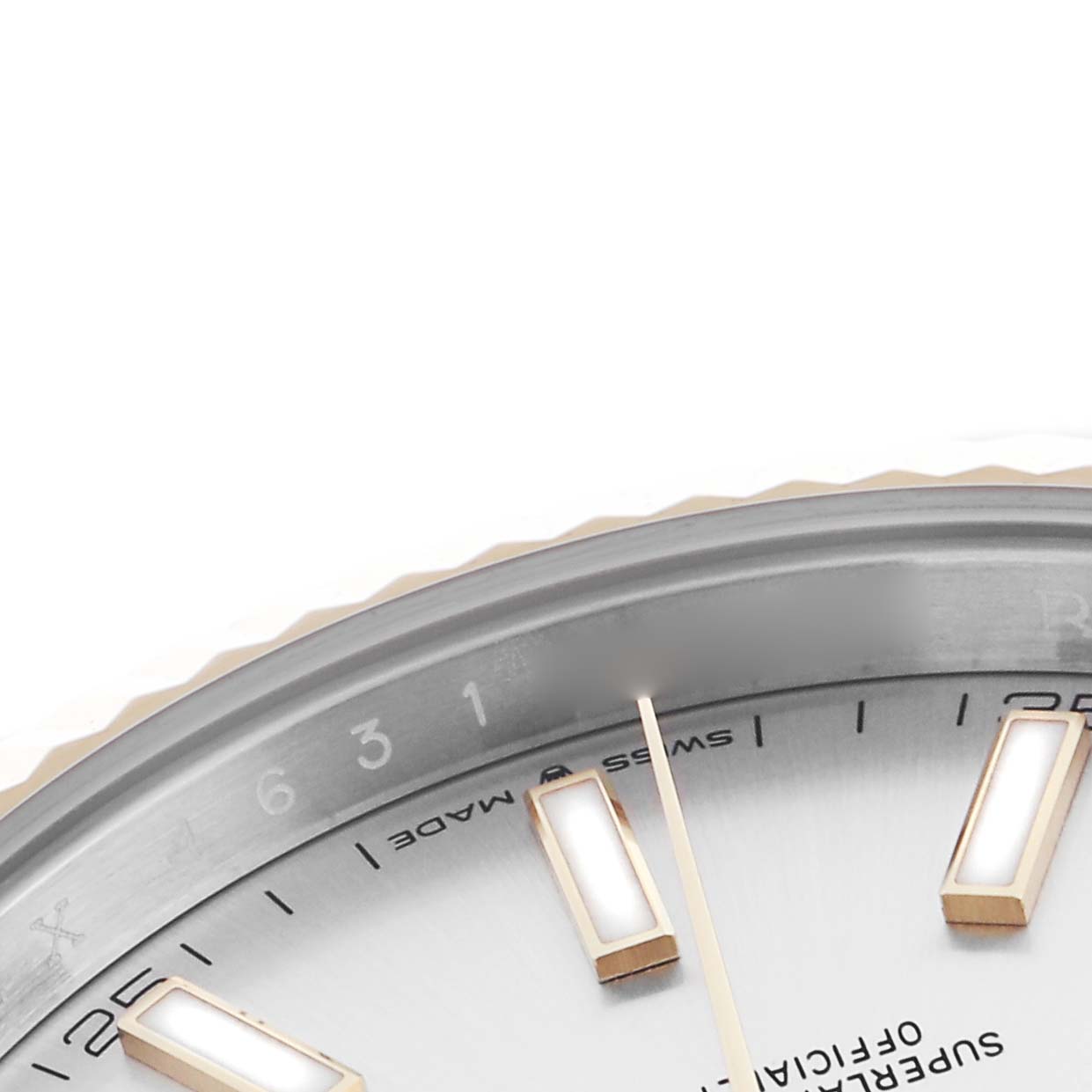 The image shows a partial view of the Rolex Datejust 41 126333 Men's Steel and Gold (two tone) Silver Dial 126333 Men's Steel and Gold (two tone) Silver Dial, focusing on the dial, hour markers, and part of the bezel.