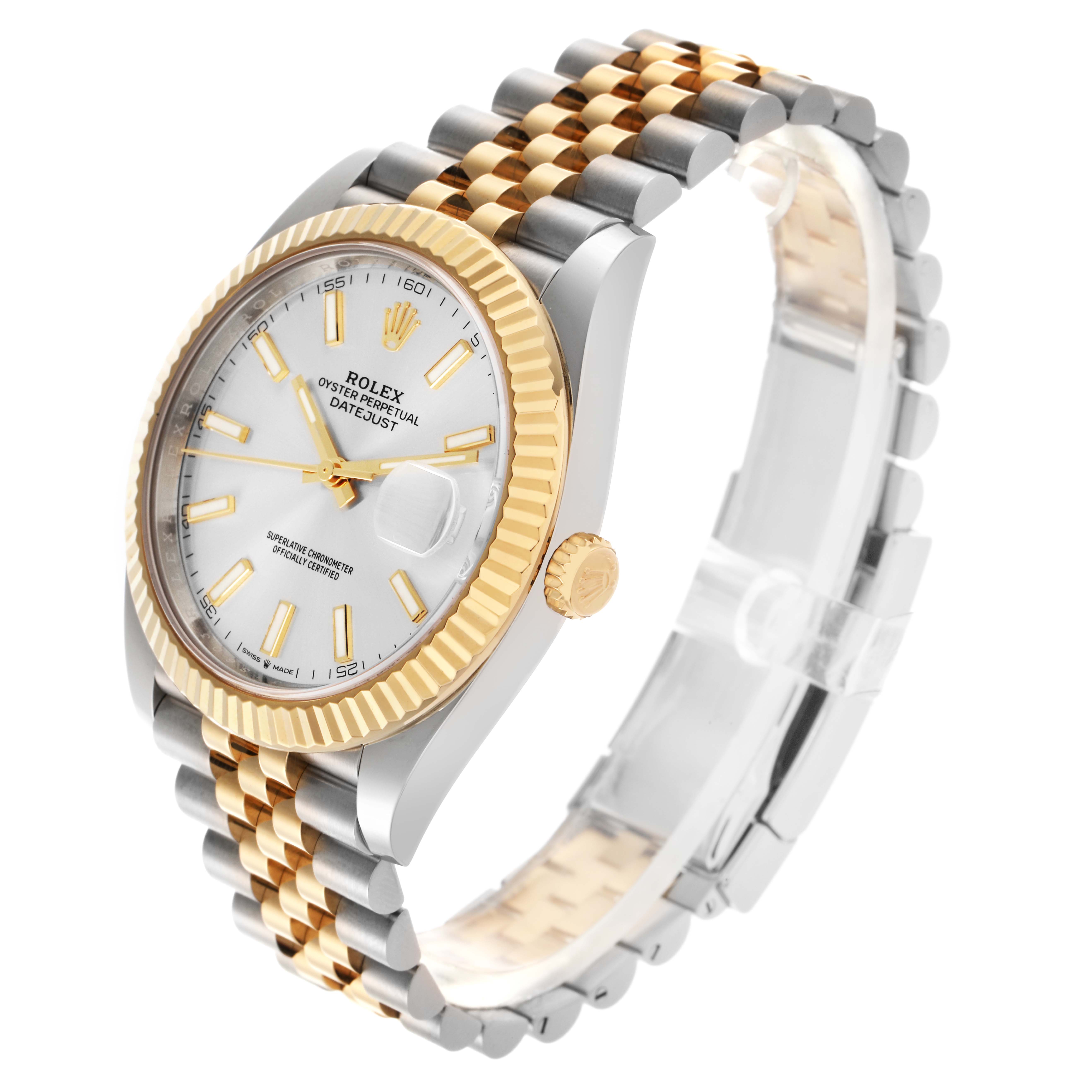 The Rolex Datejust 41 126333 Men's Steel and Gold (two tone) Silver Dial 126333 Men's Steel and Gold (two tone) Silver Dial is shown at a three-quarter angle, highlighting its two-tone bezel and jubilee bracelet.