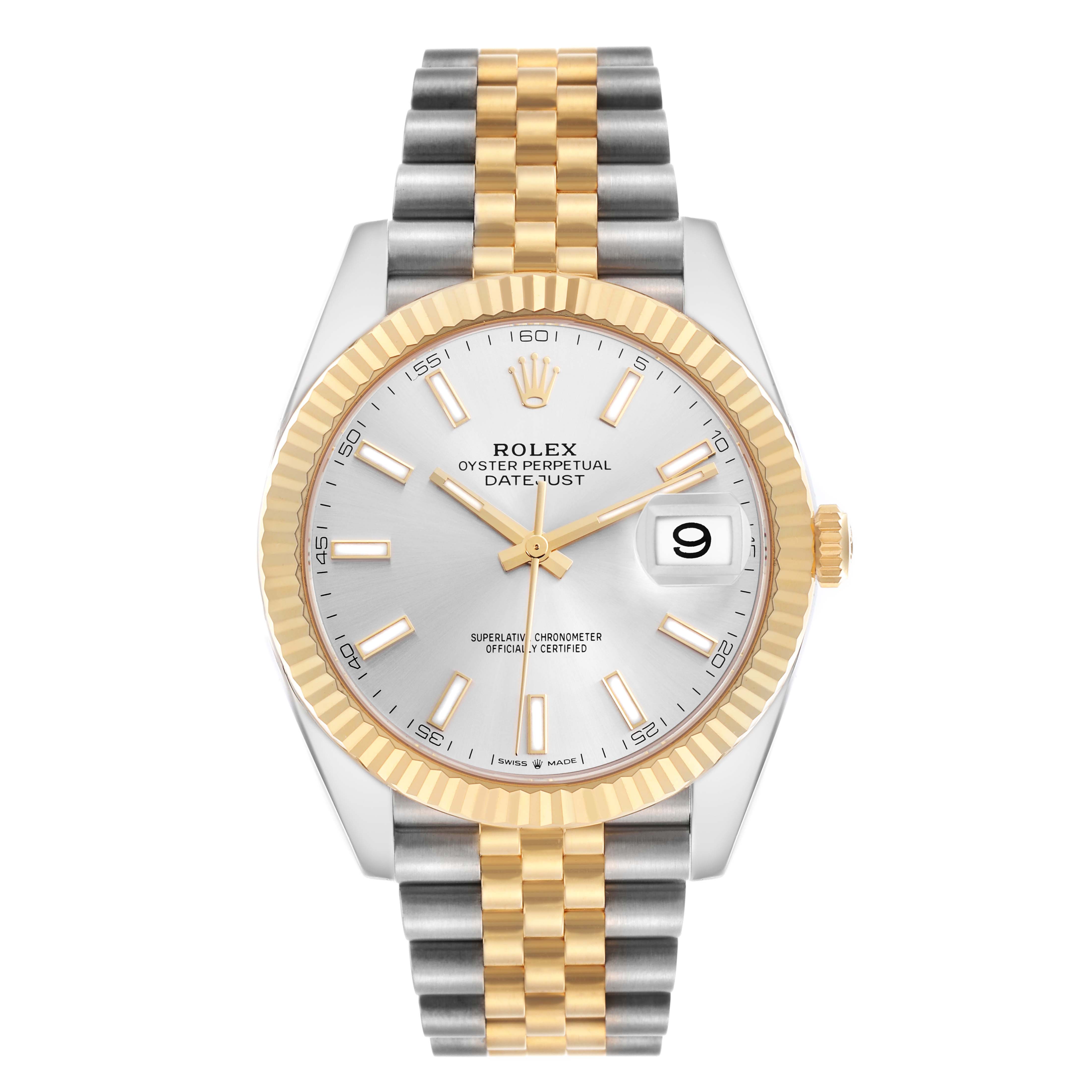 The Rolex Datejust 41 126333 Men's Steel and Gold (two tone) Silver Dial 126333 Men's Steel and Gold (two tone) Silver Dial is shown from a front angle, highlighting its two-tone bracelet, fluted bezel, and white dial with date window.