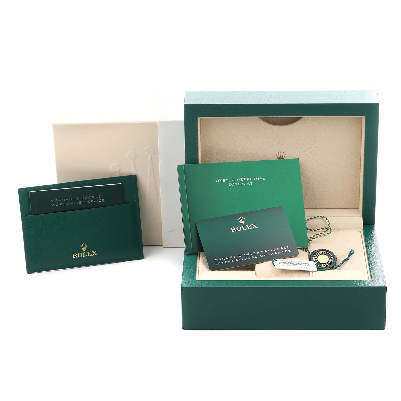 The image shows a Rolex Datejust 41 126333 Men's Steel and Gold (two tone) Silver Dial 126333 Men's Steel and Gold (two tone) Silver Dial packaging set, including the box, warranty cards, and manuals.
