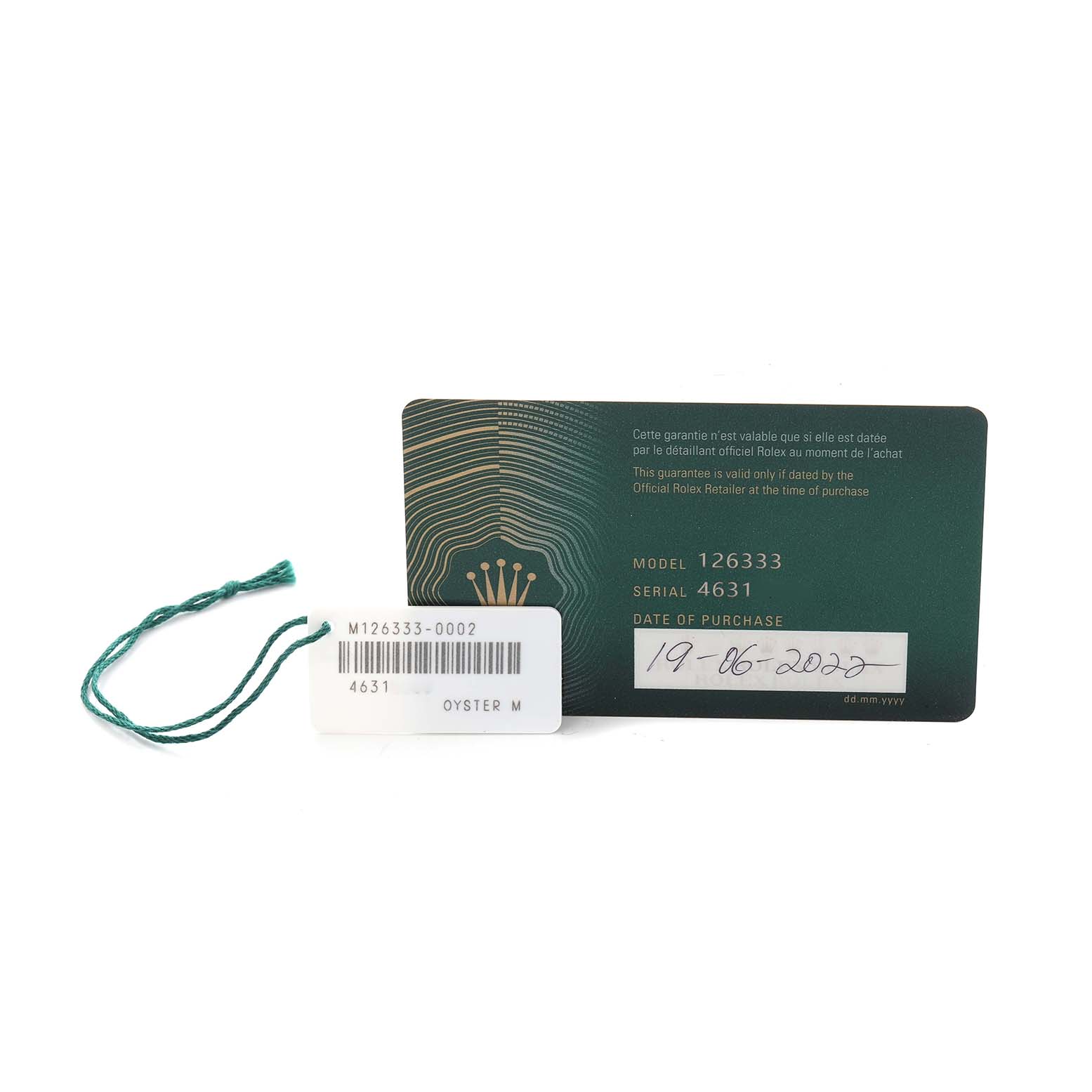 The image shows a warranty card and tag for a Rolex Datejust 41 126333 Men's Steel and Gold (two tone) Silver Dial 126333 Men's Steel and Gold (two tone) Silver Dial with model details and purchase date visible.