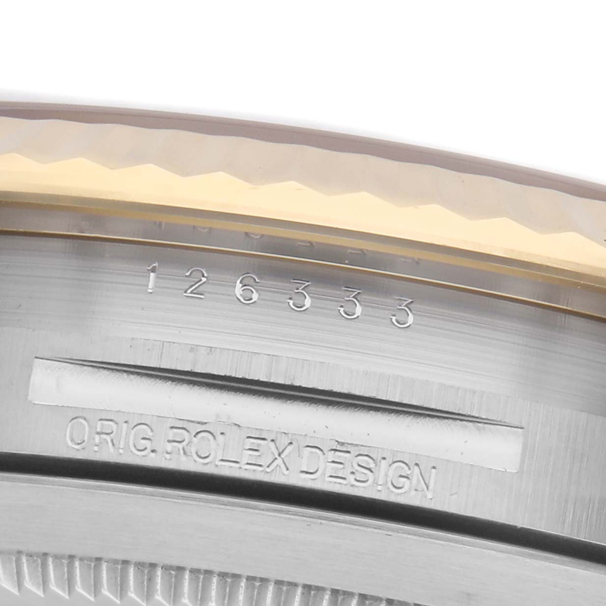 The image shows a close-up of the inner bezel with the model number and engraving for a Rolex Datejust 41 126333 Men's Steel and Gold (two tone) Silver Dial 126333 Men's Steel and Gold (two tone) Silver Dial.