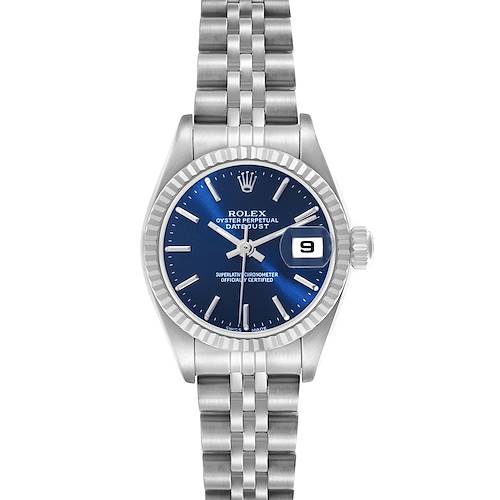 The Rolex Datejust 79174 Women's Stainless Steel Blue Dial 79174 Women's Stainless Steel Blue Dial watch is shown from a front angle, displaying the face, fluted bezel, bracelet, and date window.