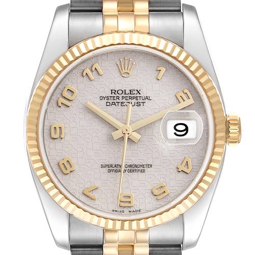 The Rolex Datejust 116233 Men's Steel and Gold (two tone) Beige Dial 116233 Men's Steel and Gold (two tone) Beige Dial is shown from the front, highlighting the dial, bezel, hands, and part of the bracelet.