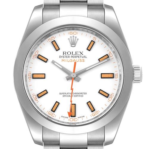 The image shows a close-up view of the Rolex Milgauss 116400 Men's Stainless Steel White Dial 116400 Men's Stainless Steel White Dial watch's dial and part of the stainless steel bracelet.