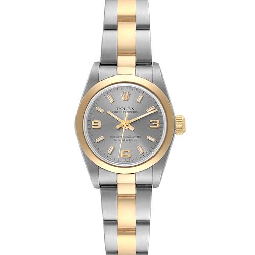 The image shows a front view of a Rolex Oyster Perpetual 76183 Women's Steel and Gold (two tone) Grey Dial 76183 Women's Steel and Gold (two tone) Grey Dial watch with a two-tone metal bracelet and a gray dial.