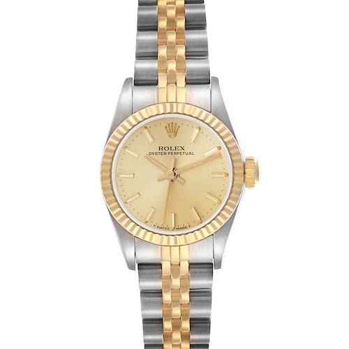 The Rolex Oyster Perpetual 67193 Women's Steel and Gold (two tone) Champagne Dial 67193 Women's Steel and Gold (two tone) Champagne Dial watch is shown from a direct, top-down angle, highlighting the bezel, dial, and bracelet.