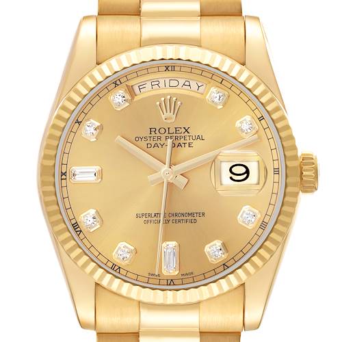 The Rolex President 118238 Men's Yellow Gold Champagne Dial 118238 Men's Yellow Gold Champagne Dial watch is shown from a front angle, highlighting its dial, bezel, bracelet, and crown.