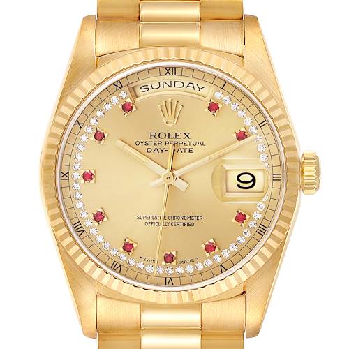 The Rolex President 18238 Men's Yellow Gold Champagne Dial 18238 Men's Yellow Gold Champagne Dial model watch is shown from a front angle, displaying the dial, bezel, crown, and a portion of the bracelet.