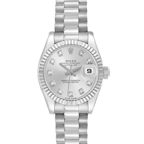 The Rolex President 179179 Women's White Gold Silver Dial 179179 Women's White Gold Silver Dial model watch is shown from a top-down angle, displaying the face, bracelet, and date window.