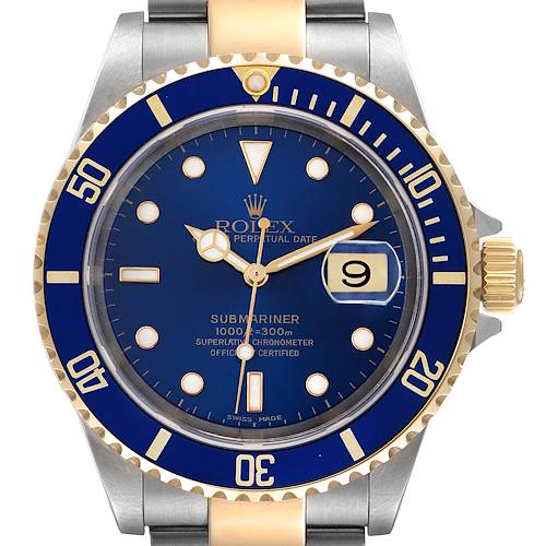 This image shows a frontal view of the Rolex Submariner 16613 Men's Steel and Gold (two tone) Blue Dial 16613 Men's Steel and Gold (two tone) Blue Dial watch, highlighting its blue dial, bezel, and two-tone bracelet.