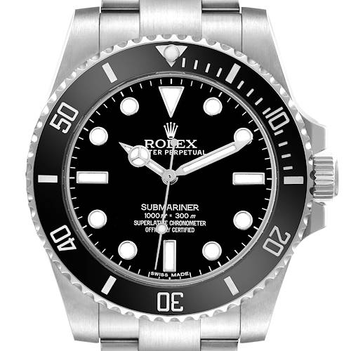 The Rolex Submariner 114060 Men's Stainless Steel Black Dial 114060 Men's Stainless Steel Black Dial is shown from a front angle, highlighting the dial, bezel, crown, and part of the bracelet.