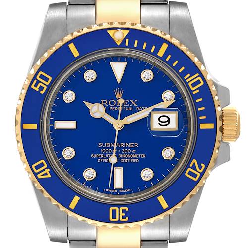 This image shows a close-up of the Rolex Submariner 116613 Men's Steel and Gold (two tone) Blue Dial 116613 Men's Steel and Gold (two tone) Blue Dial watch, highlighting its blue dial, date window, and two-tone bezel and bracelet.