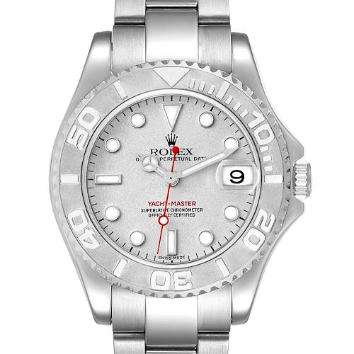 The image shows a front view of a Rolex Yacht-Master 168622 Men's Stainless Steel Silver Dial 168622 Men's Stainless Steel Silver Dial watch, highlighting its dial, bezel, and bracelet.