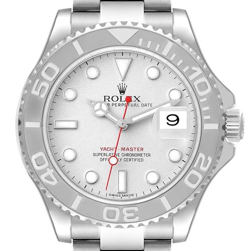 The image shows a front view of the Rolex Yacht-Master 116622 Men's Stainless Steel Silver Dial 116622 Men's Stainless Steel Silver Dial watch, highlighting its dial, bezel, and part of the bracelet.