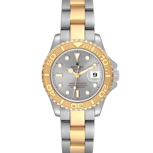 The Rolex Yacht-Master 69623 Women's Steel and Gold (two tone) Grey Dial 69623 Women's Steel and Gold (two tone) Grey Dial watch is shown from a straight-on angle, displaying its face, bezel, and bracelet.