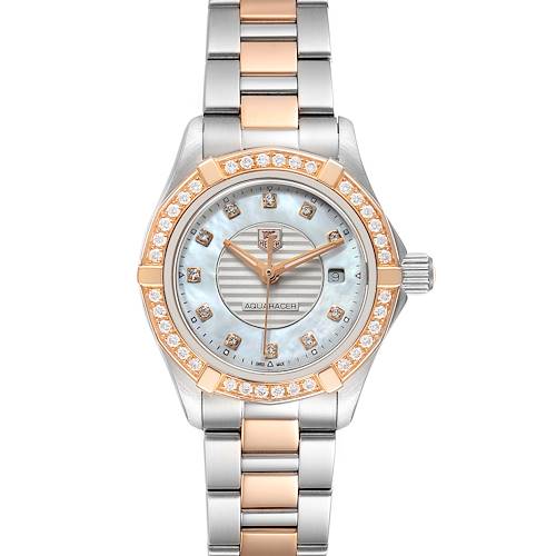 This image shows a front view of the Tag Heuer Aquaracer WAP1452.BD0837 Women's Steel and Gold (two tone) Mother of Pearl Dial WAP1452.BD0837 Women's Steel and Gold (two tone) Mother of Pearl Dial watch, highlighting its face, bezel, and band.