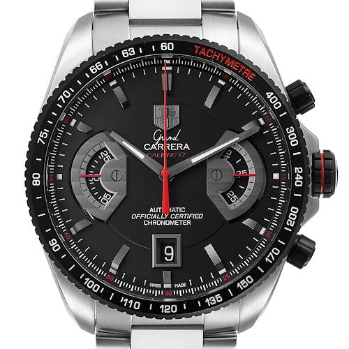 This image shows a frontal view of the Tag Heuer Carrera CAV511C Men's Stainless Steel Black Dial CAV511C Men's Stainless Steel Black Dial watch, highlighting its dial, bezel, and chronograph features.