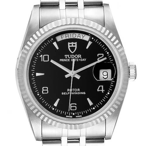 The image shows the front view of the Tudor Prince 76214 Men's Stainless Steel Black Dial 76214 Men's Stainless Steel Black Dial Date-Day watch model, highlighting its black dial, date window, and stainless steel bracelet.