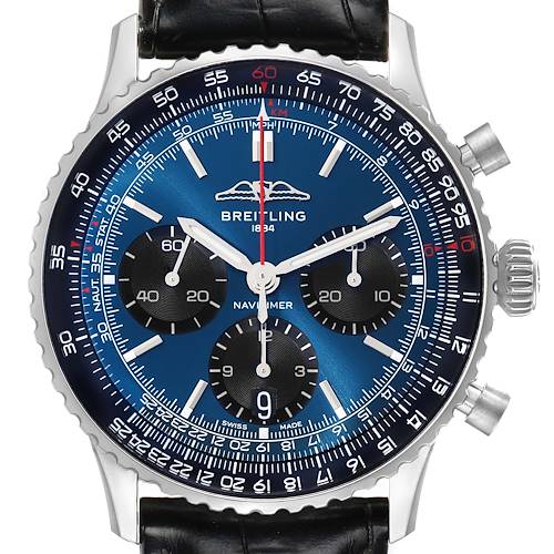 The Breitling Navitimer AB0139241C1P1 Men's Stainless Steel Blue Dial AB0139241C1P1 Men's Stainless Steel Blue Dial watch is shown from a front angle, displaying the dial, chronograph subdials, bezel, and crown.