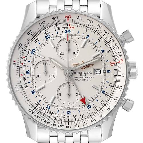 The image shows a front view of a Breitling Navitimer A24322 Men's Stainless Steel Silver Dial A24322 Men's Stainless Steel Silver Dial watch, highlighting its face, subdials, bezel, and steel bracelet.