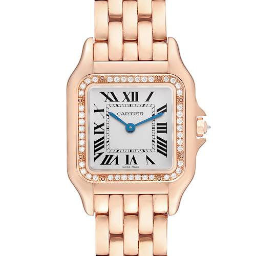 The Cartier Panthere WJPN0009 Women's Rose Gold Silver Dial WJPN0009 Women's Rose Gold Silver Dial watch is shown from a top view, displaying the face, bezel with diamonds, crown, and part of the bracelet.